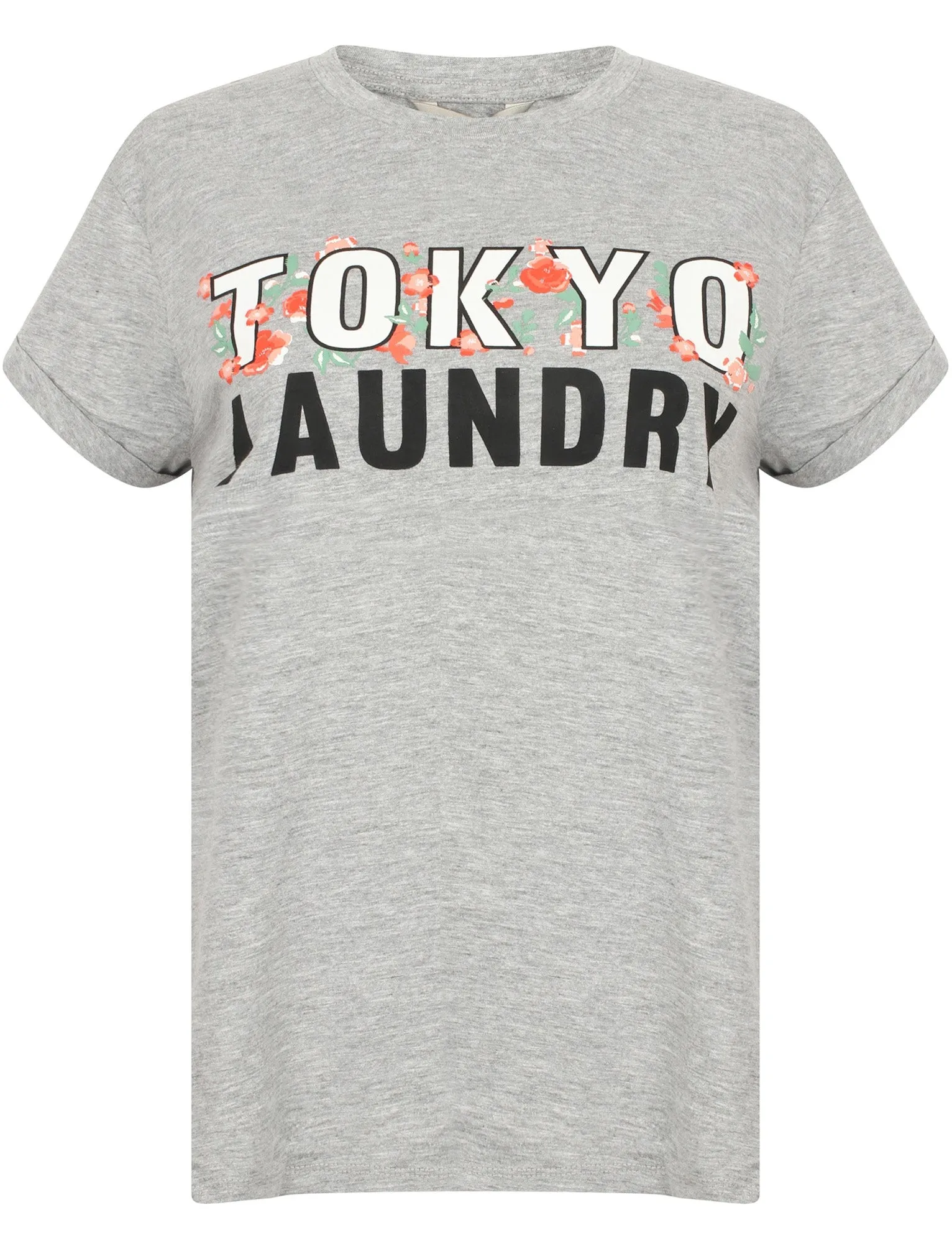 Katie Oversized Floral Cotton Crew Neck T-Shirt In Light Grey Marl - Tokyo Laundry