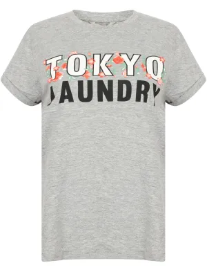 Katie Oversized Floral Cotton Crew Neck T-Shirt In Light Grey Marl - Tokyo Laundry