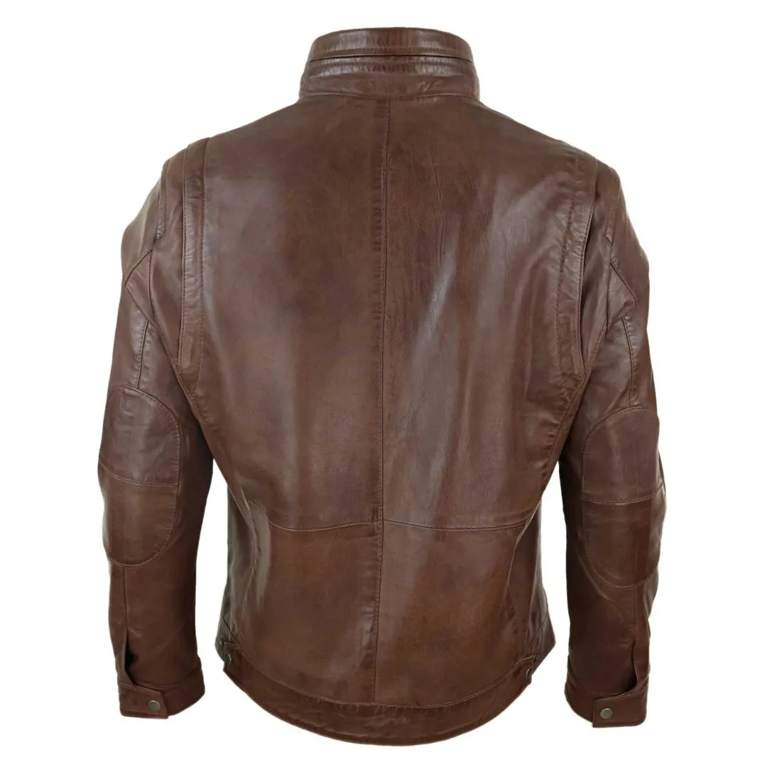Men's Leather Jacket Zipped Biker High Collar