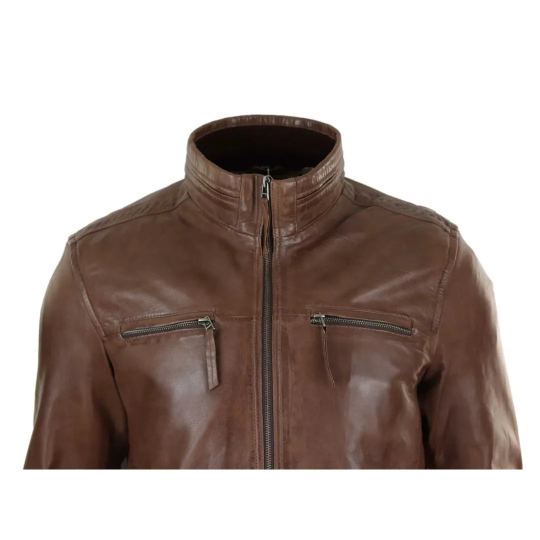 Men's Leather Jacket Zipped Biker High Collar