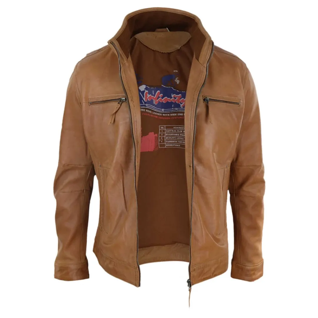 Men's Leather Jacket Zipped Biker High Collar