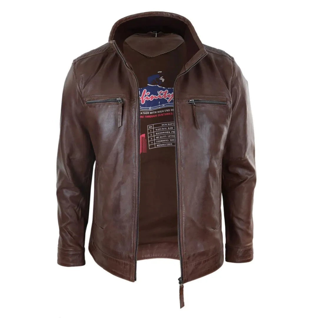 Men's Leather Jacket Zipped Biker High Collar