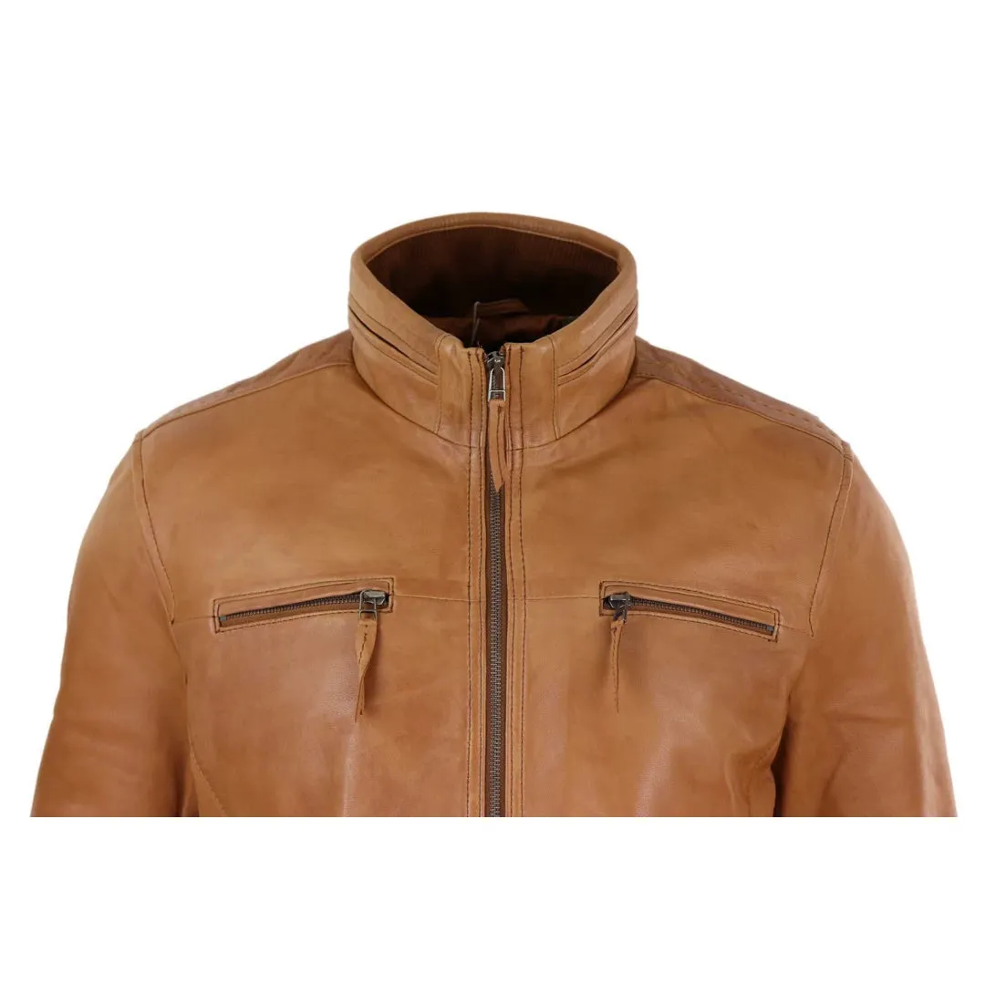 Men's Leather Jacket Zipped Biker High Collar