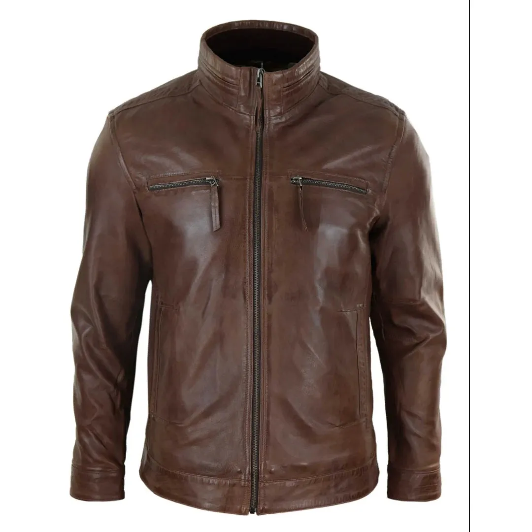 Men's Leather Jacket Zipped Biker High Collar