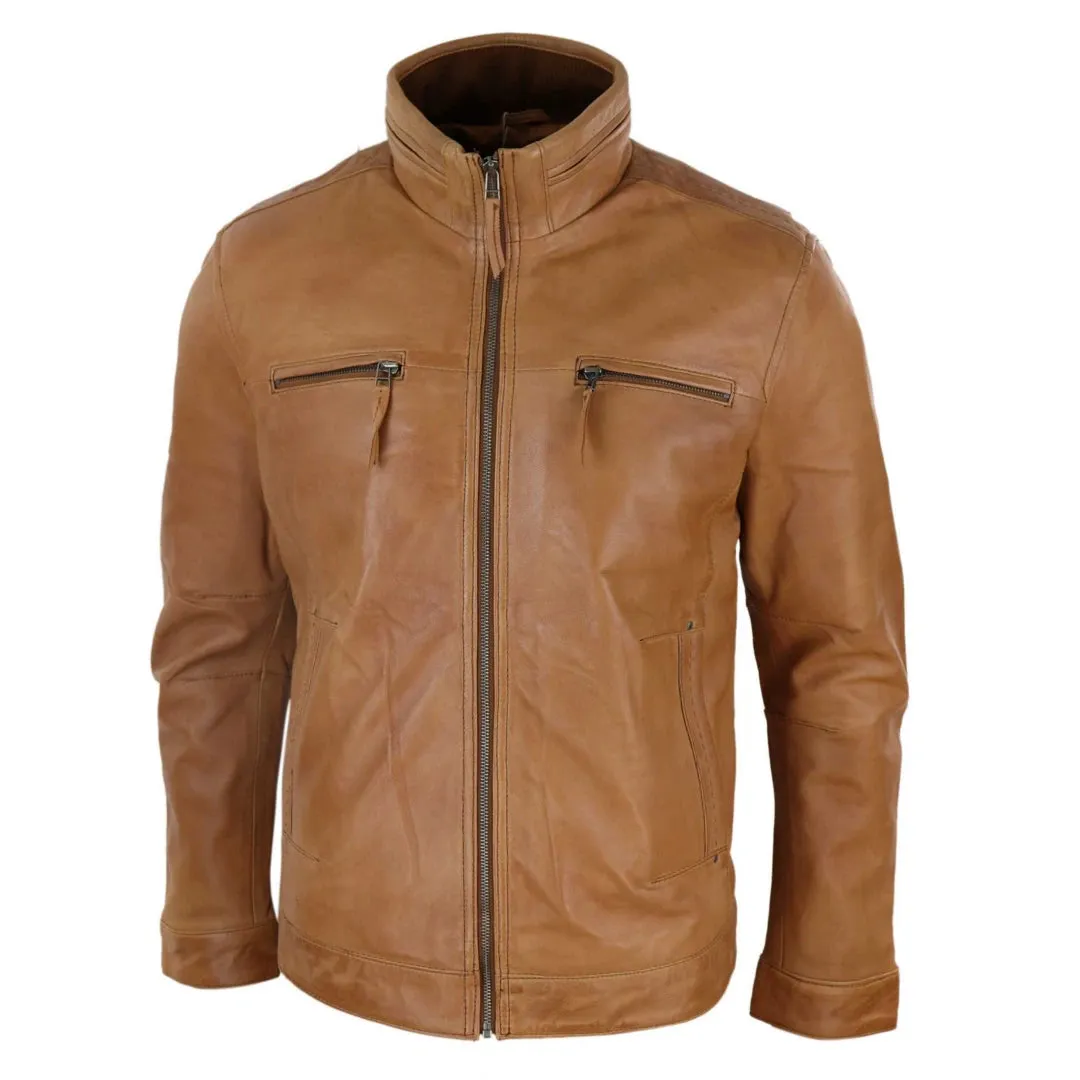 Men's Leather Jacket Zipped Biker High Collar