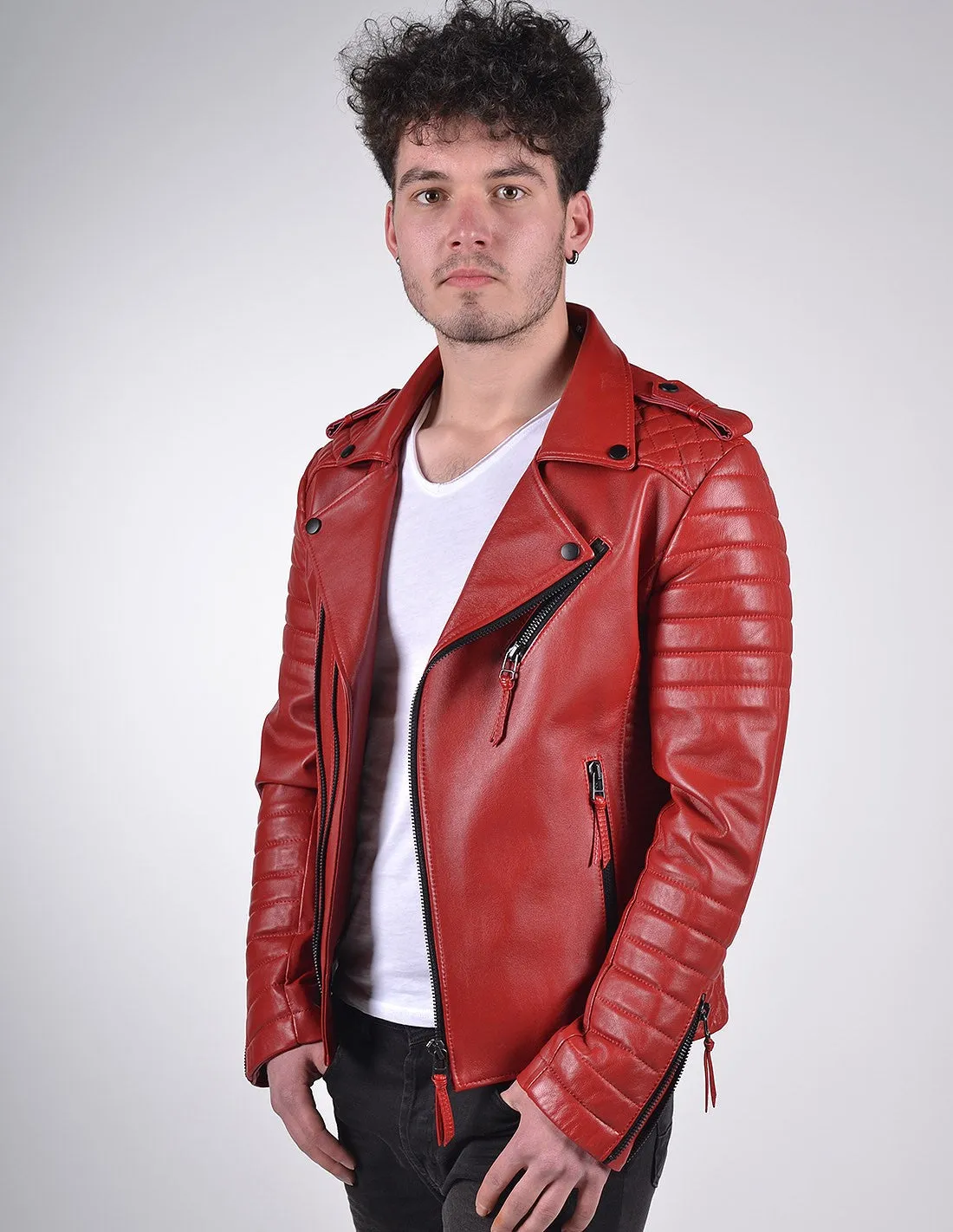 Men`s Red Biker Leather Jacket