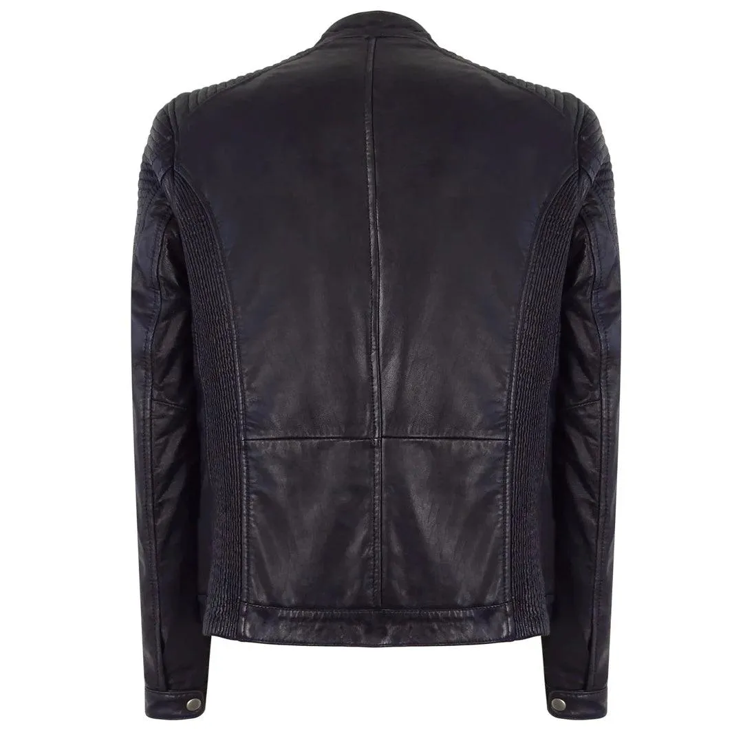 Mens Slim Fit Vintage Navy Washed Real Leather Jacket Nehru Grandad Collar Biker