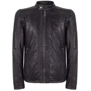 Mens Slim Fit Vintage Navy Washed Real Leather Jacket Nehru Grandad Collar Biker