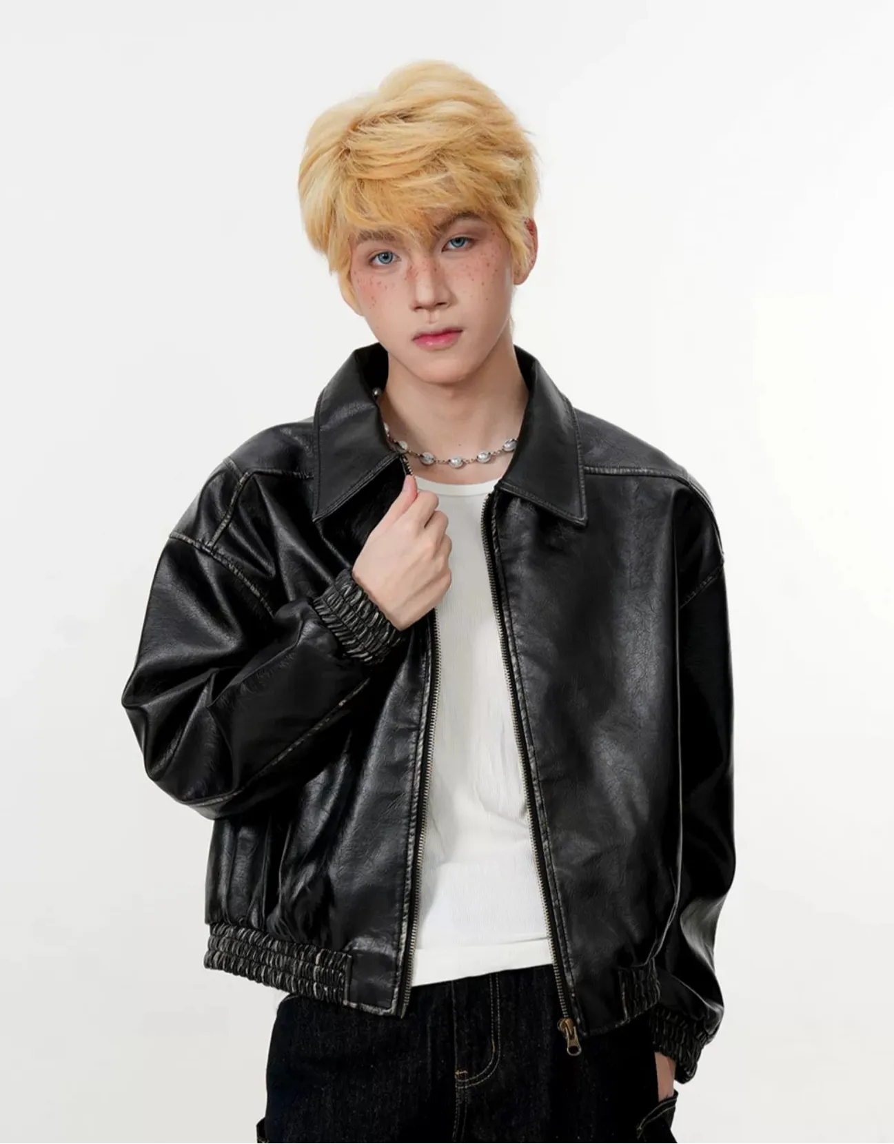 Mid Crop Faux Leather Zip Jacket with Elastic Hem and Cuffs