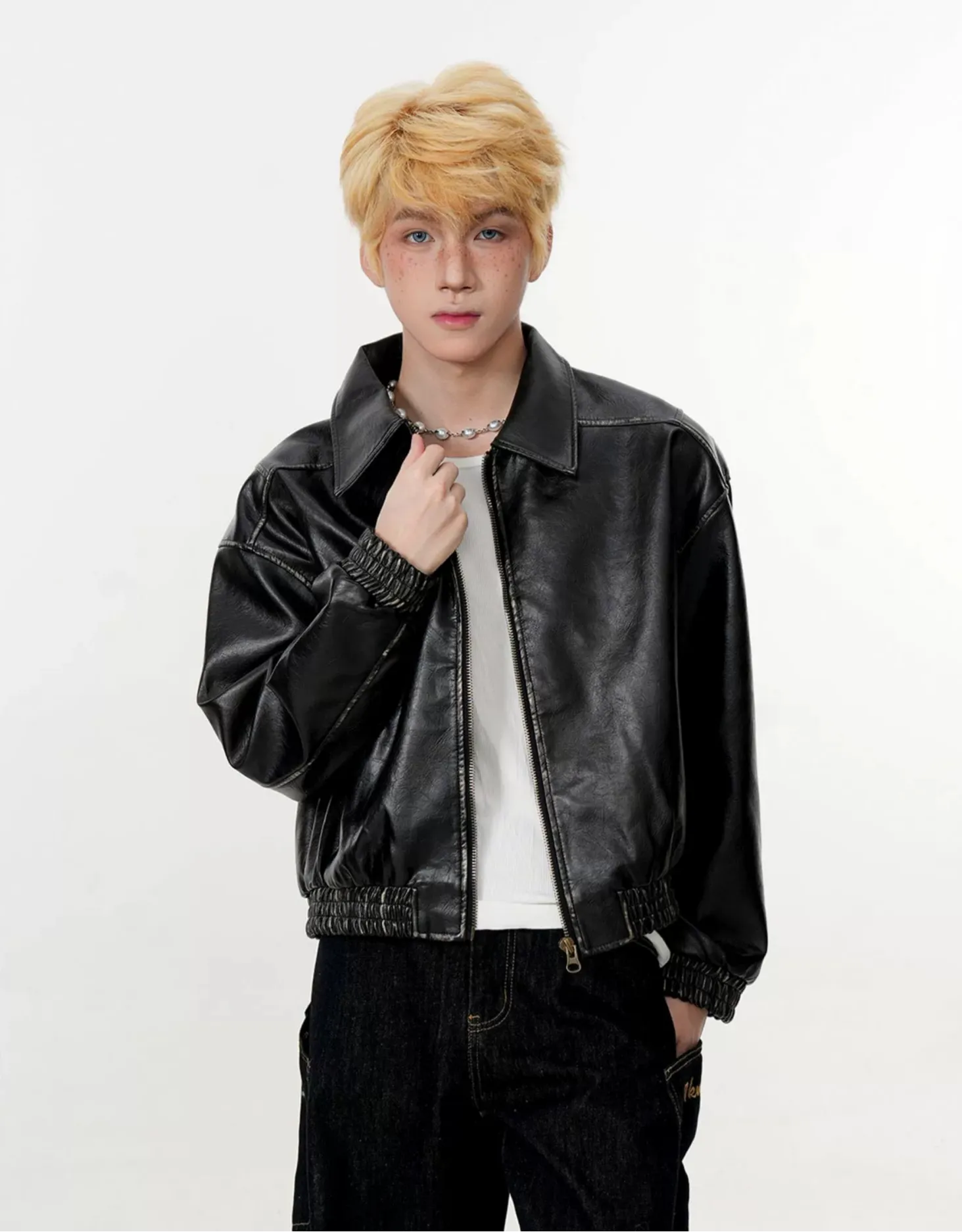 Mid Crop Faux Leather Zip Jacket with Elastic Hem and Cuffs