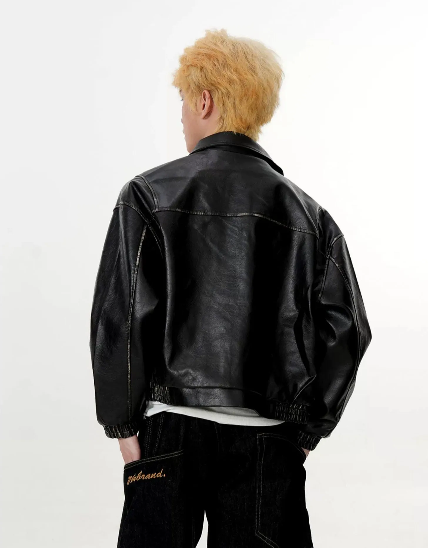 Mid Crop Faux Leather Zip Jacket with Elastic Hem and Cuffs