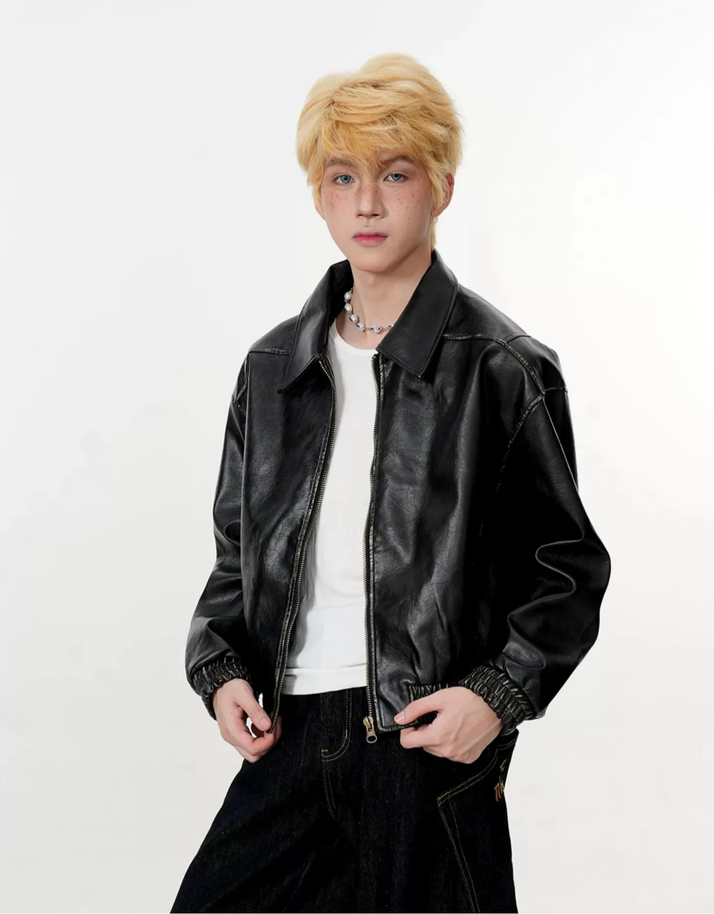 Mid Crop Faux Leather Zip Jacket with Elastic Hem and Cuffs