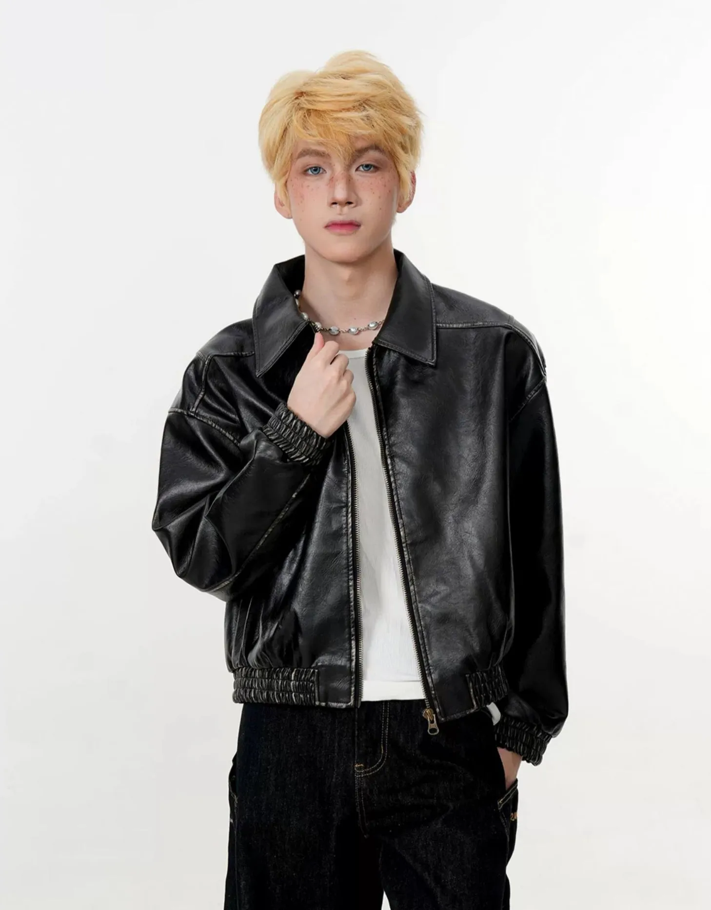 Mid Crop Faux Leather Zip Jacket with Elastic Hem and Cuffs