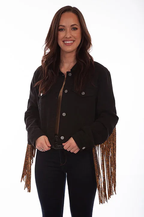 Nocturnal Leopard Fringe Black Denim Jacket (DS)