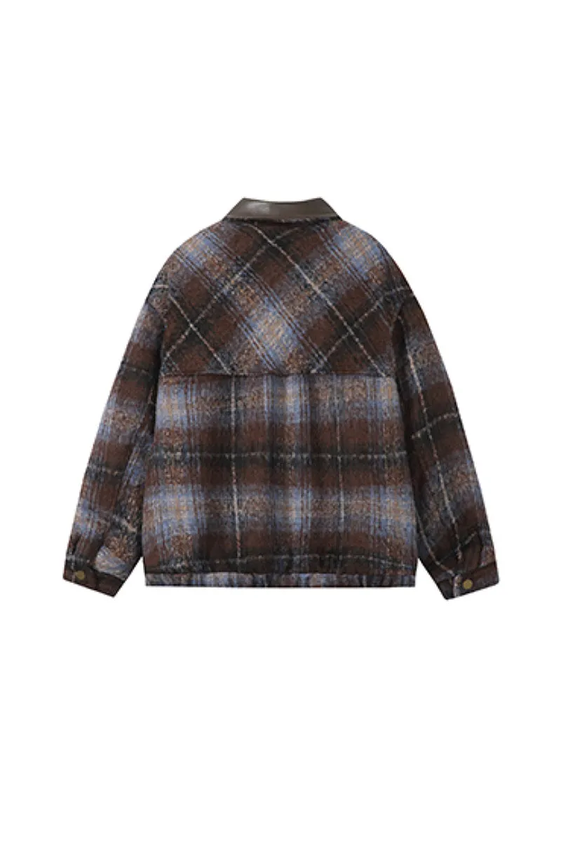 Oversized Faux Wool Plaid Bomber Shacket with Leather Collar