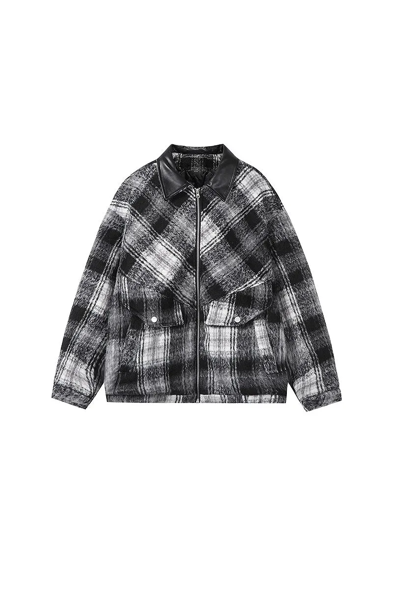 Oversized Faux Wool Plaid Bomber Shacket with Leather Collar