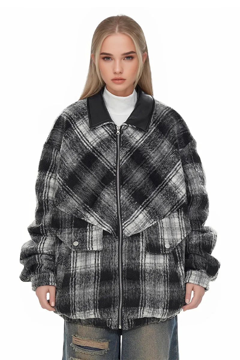 Oversized Faux Wool Plaid Bomber Shacket with Leather Collar