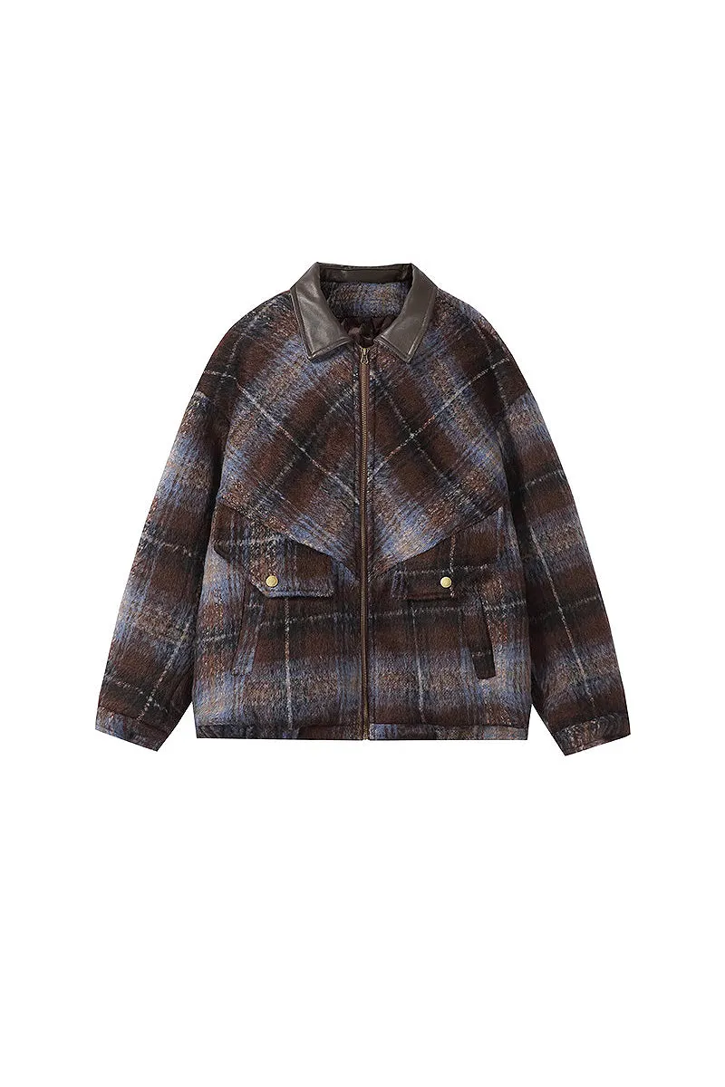 Oversized Faux Wool Plaid Bomber Shacket with Leather Collar