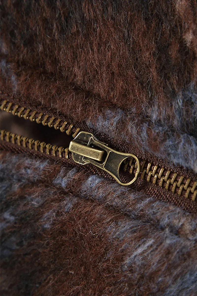 Oversized Faux Wool Plaid Bomber Shacket with Leather Collar