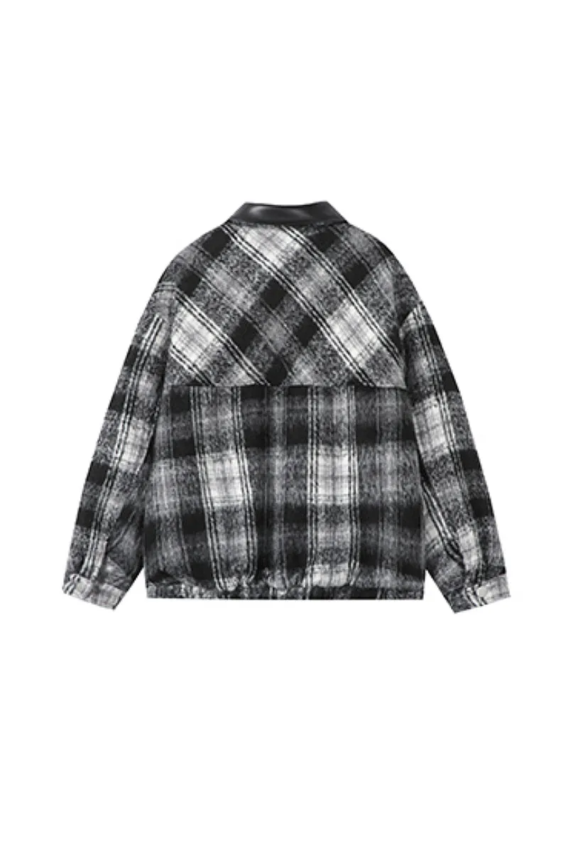 Oversized Faux Wool Plaid Bomber Shacket with Leather Collar