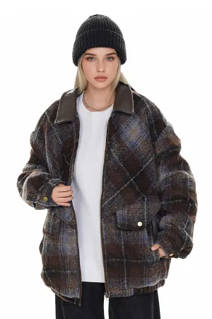 Oversized Faux Wool Plaid Bomber Shacket with Leather Collar