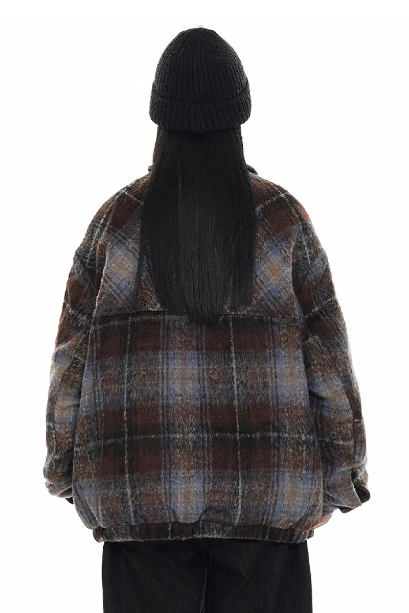 Oversized Faux Wool Plaid Bomber Shacket with Leather Collar