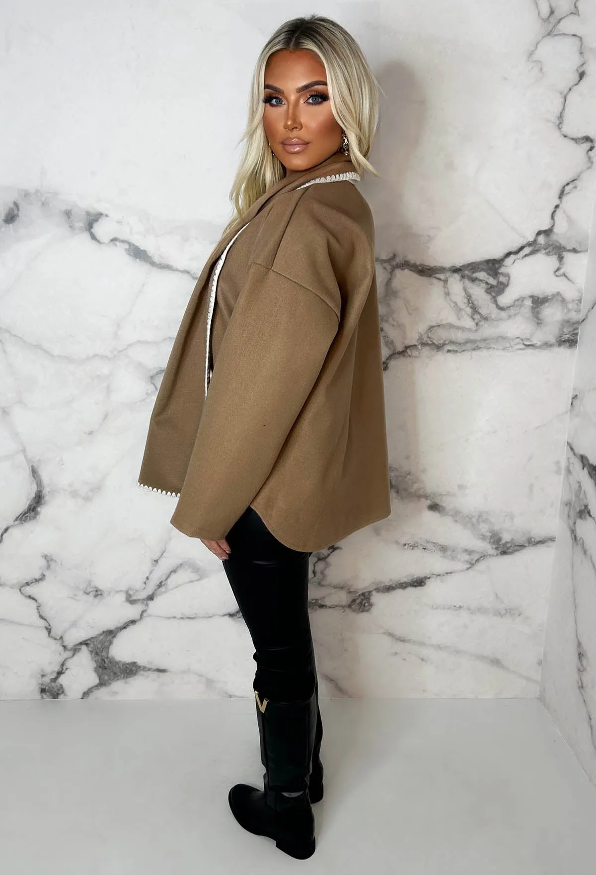 Parisian Destiny Camel Contrast Stitch Jacket With Scarf