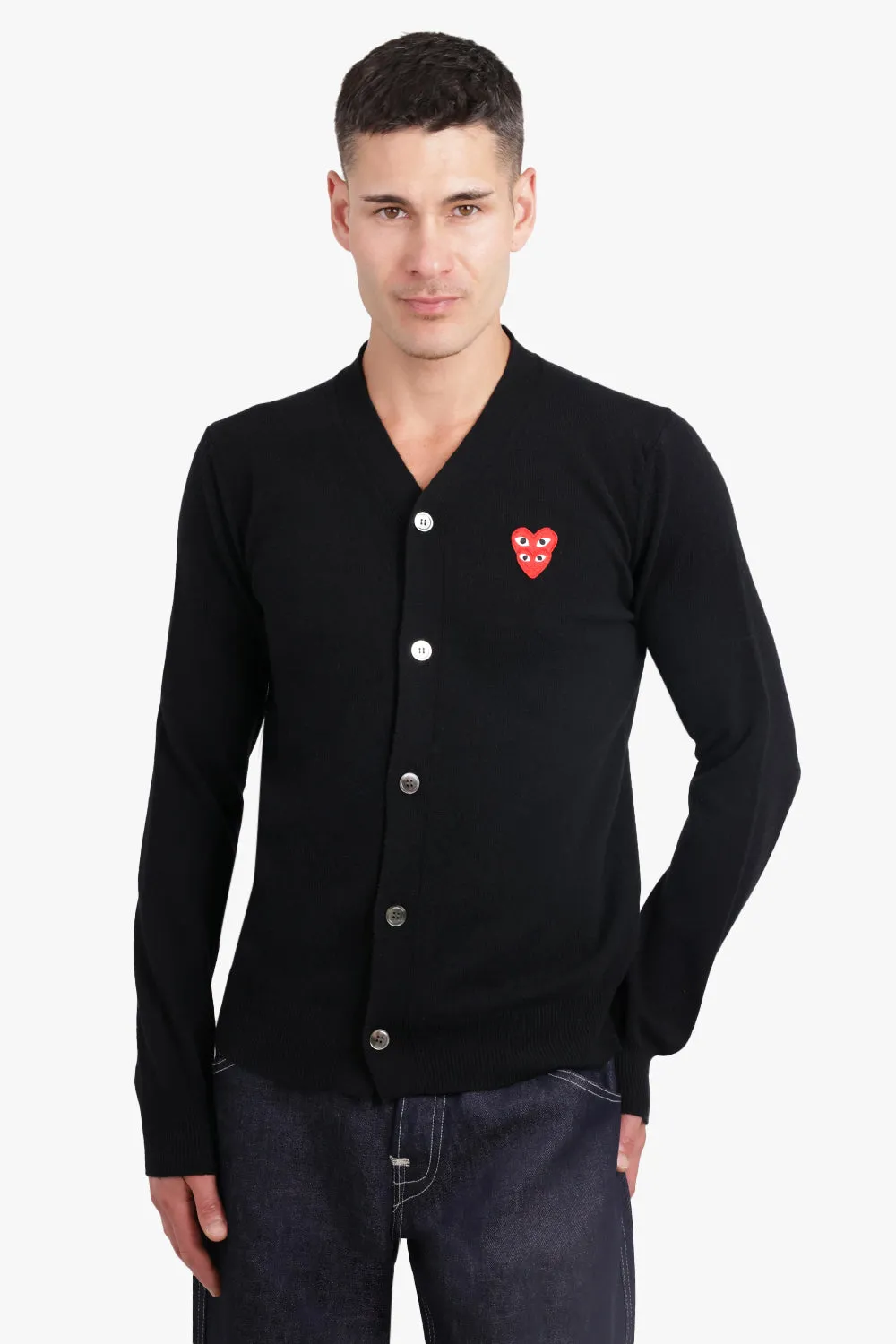 PLAY MENS V-NECK DOUBLE HEART CARDIGAN | BLACK/RED HEART