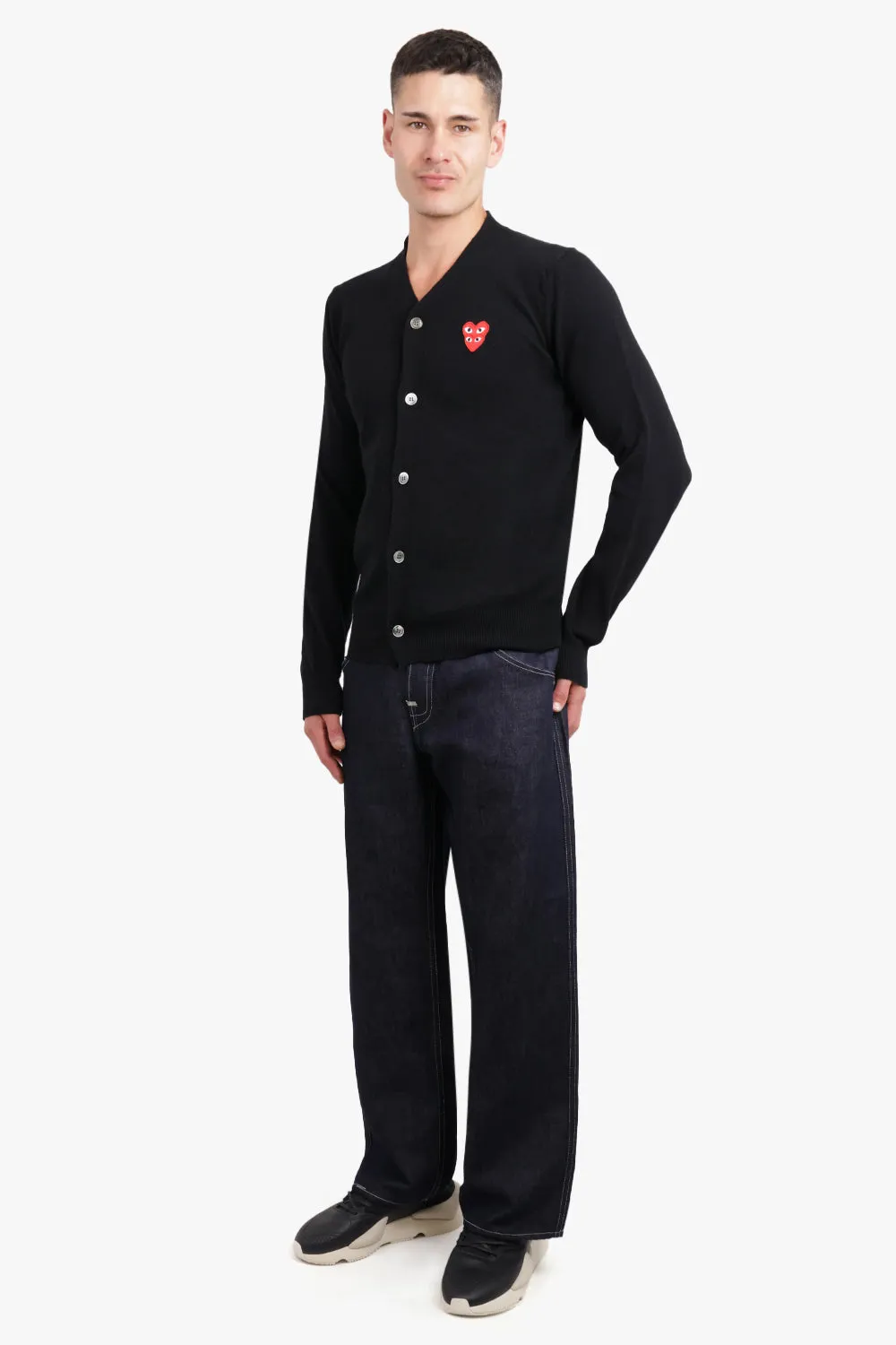 PLAY MENS V-NECK DOUBLE HEART CARDIGAN | BLACK/RED HEART