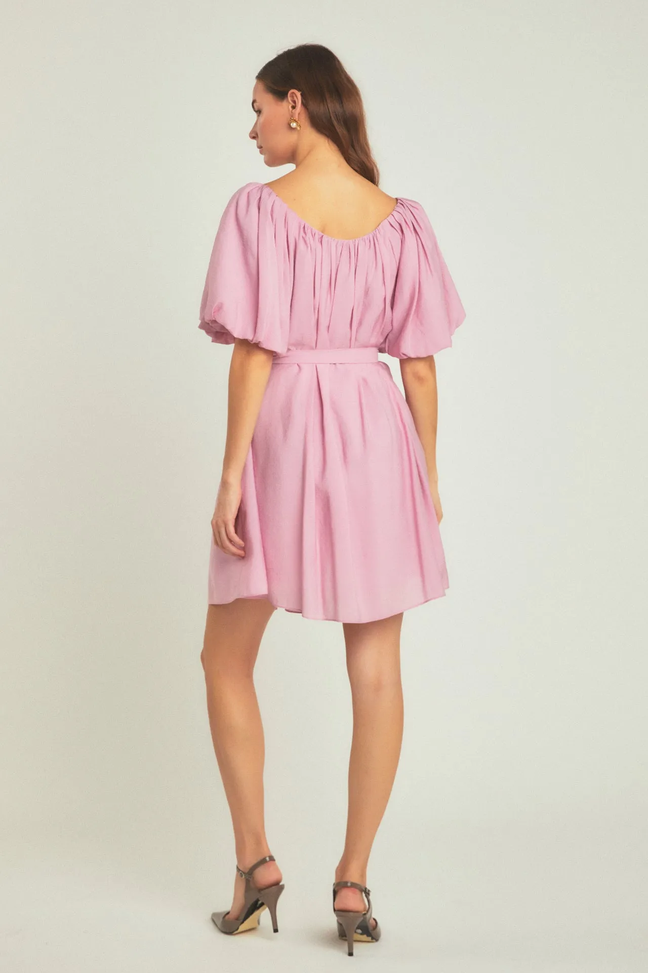 Pleated Detail Puff Sleeve Mini Dress