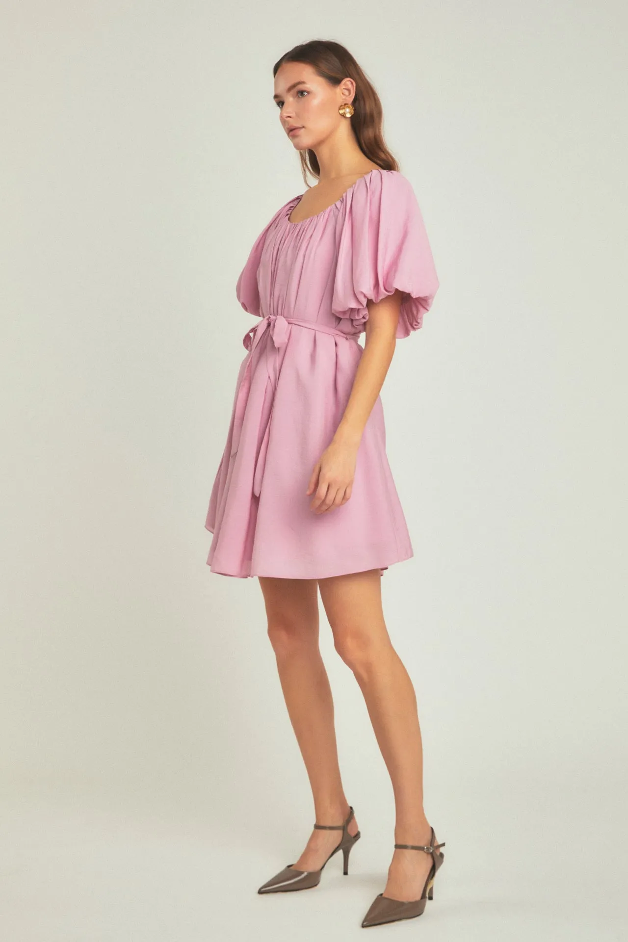 Pleated Detail Puff Sleeve Mini Dress