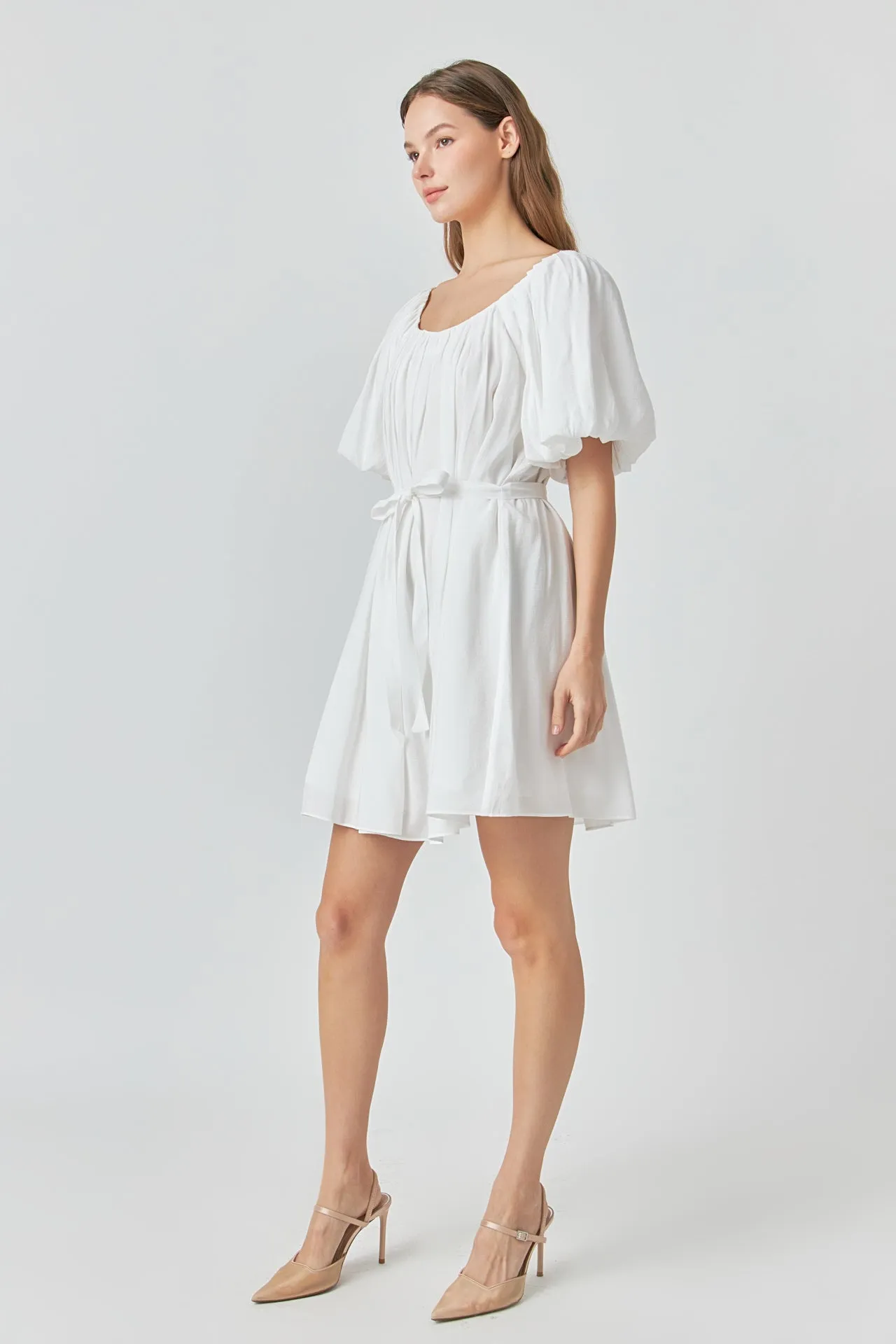 Pleated Detail Puff Sleeve Mini Dress