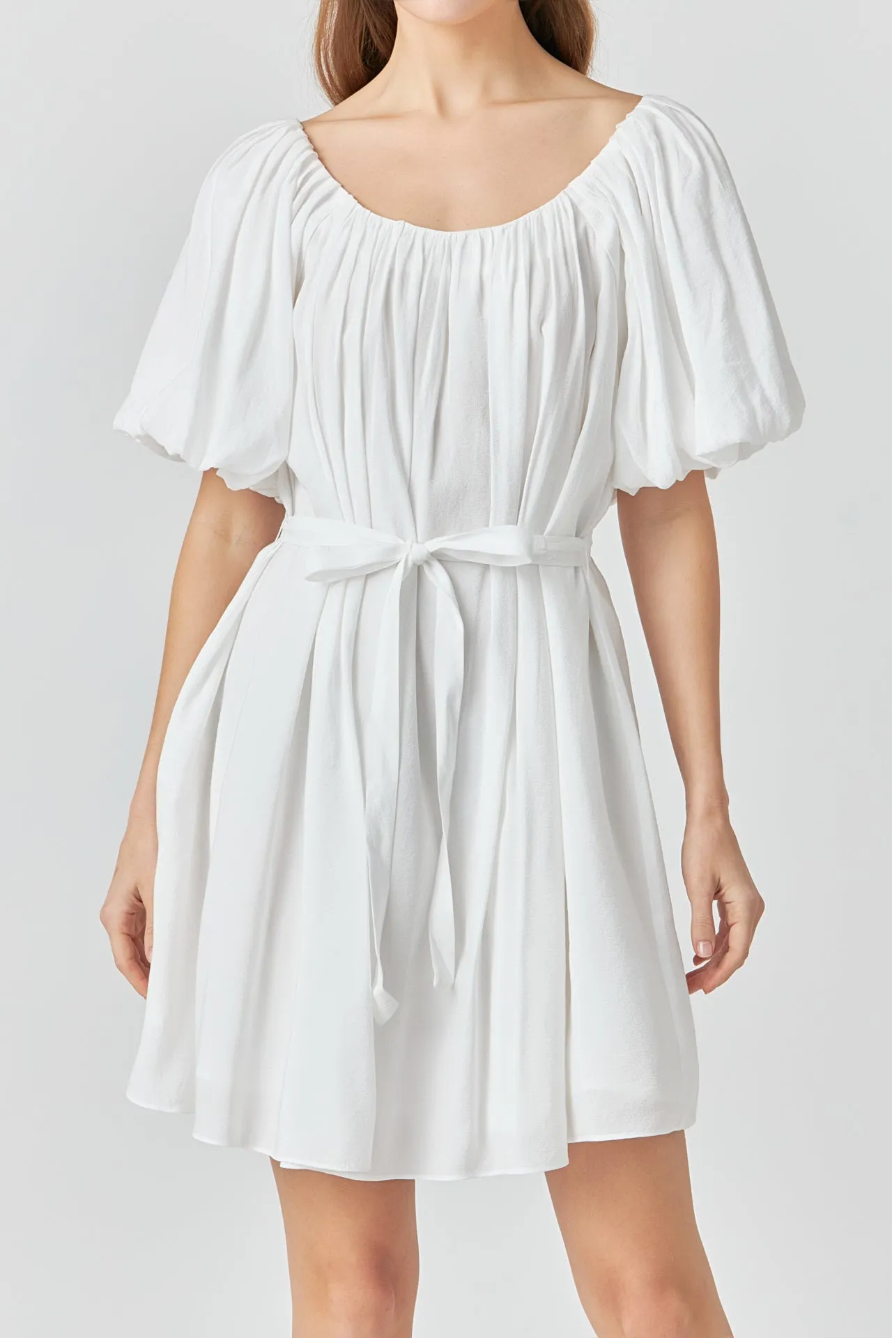 Pleated Detail Puff Sleeve Mini Dress