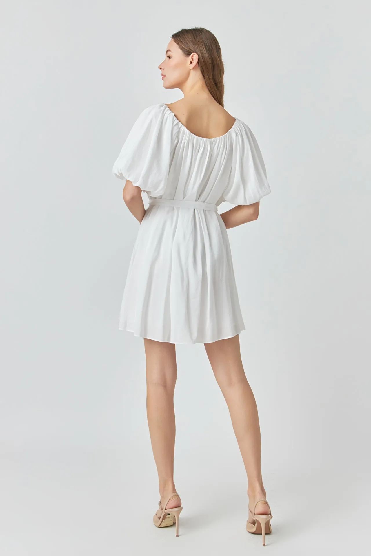 Pleated Detail Puff Sleeve Mini Dress