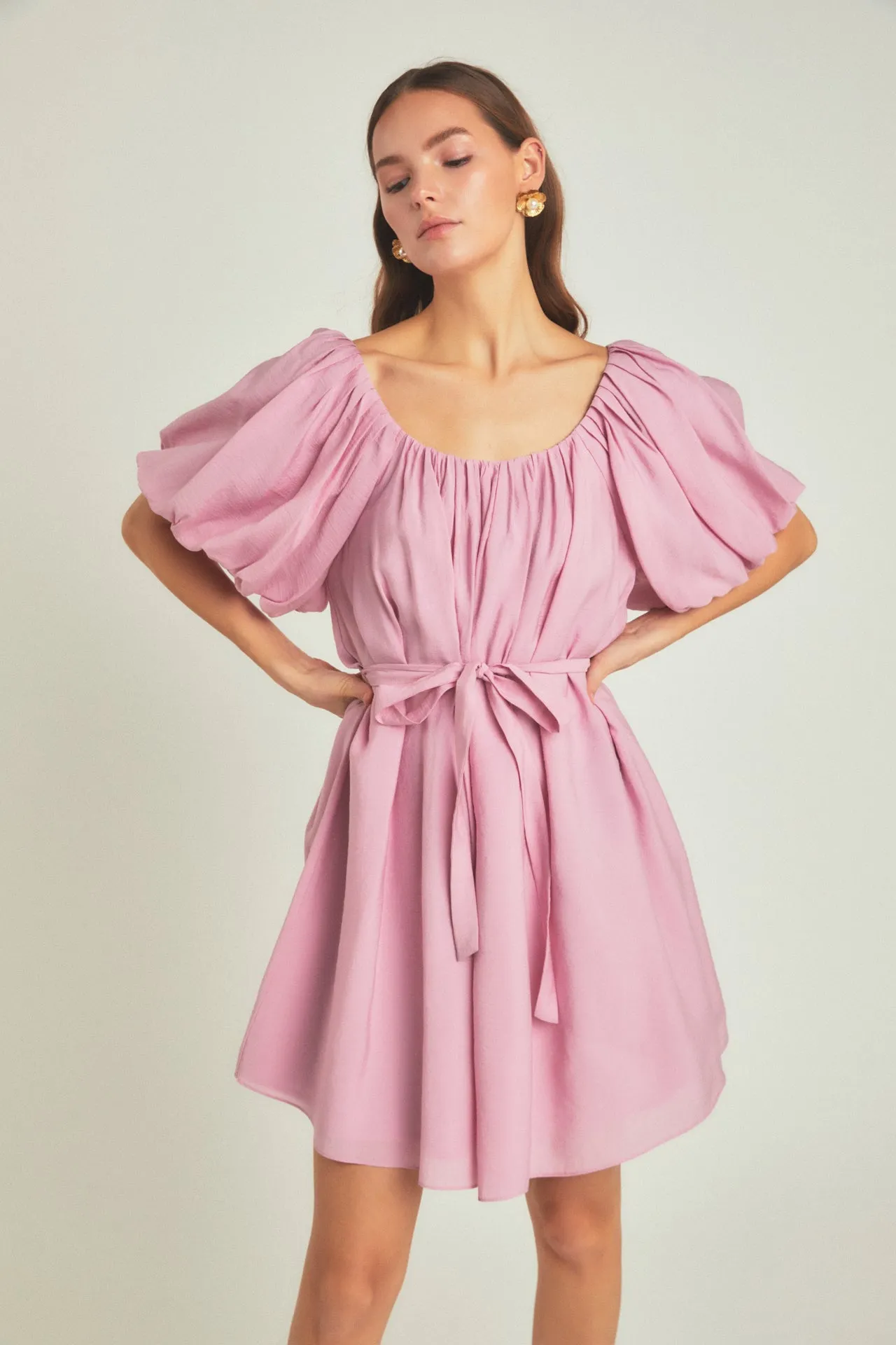 Pleated Detail Puff Sleeve Mini Dress