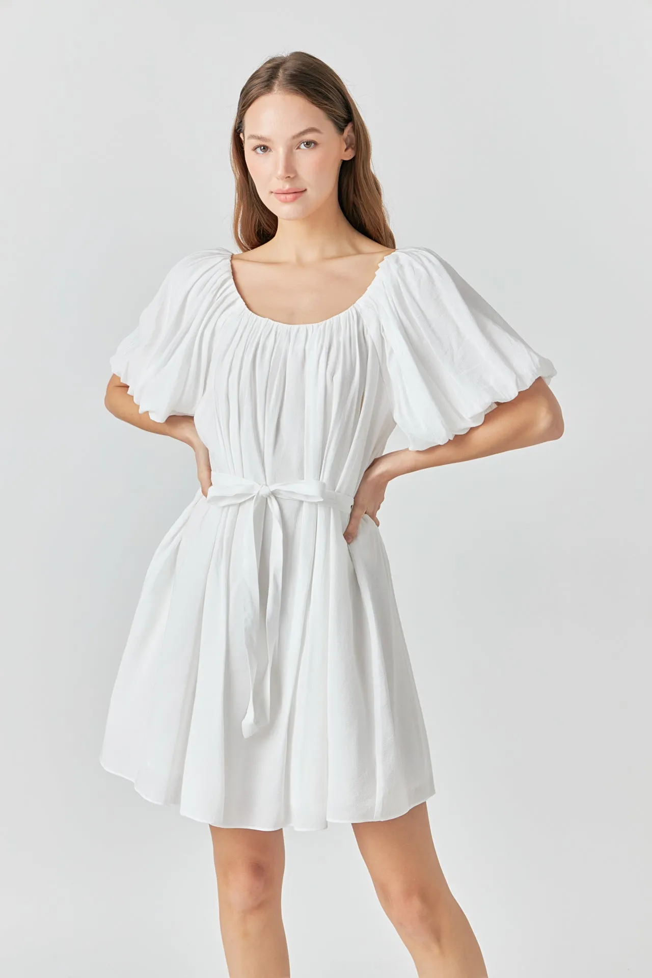 Pleated Detail Puff Sleeve Mini Dress