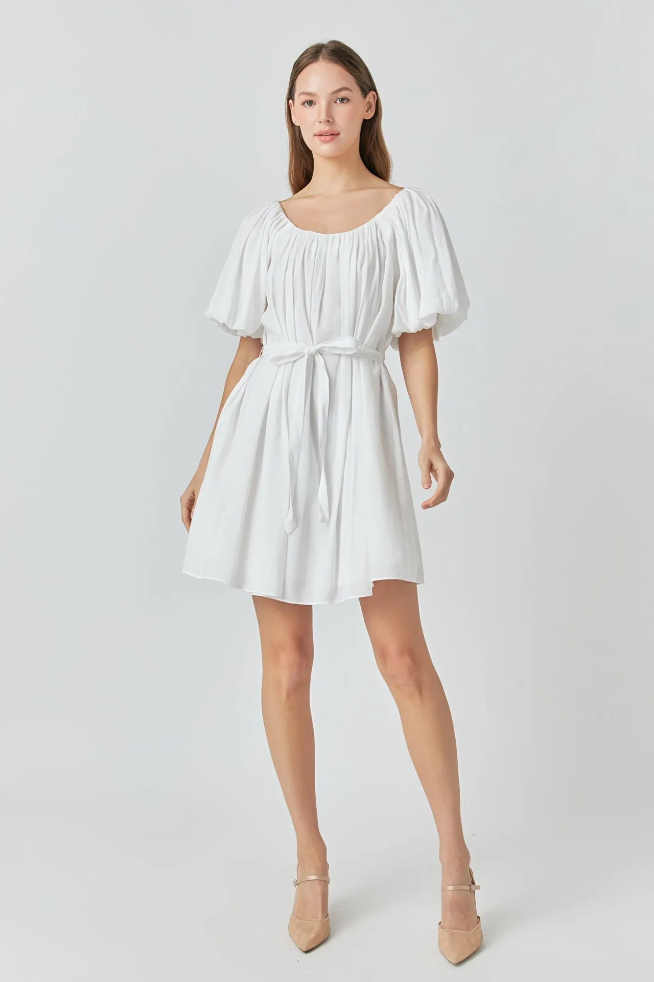 Pleated Detail Puff Sleeve Mini Dress