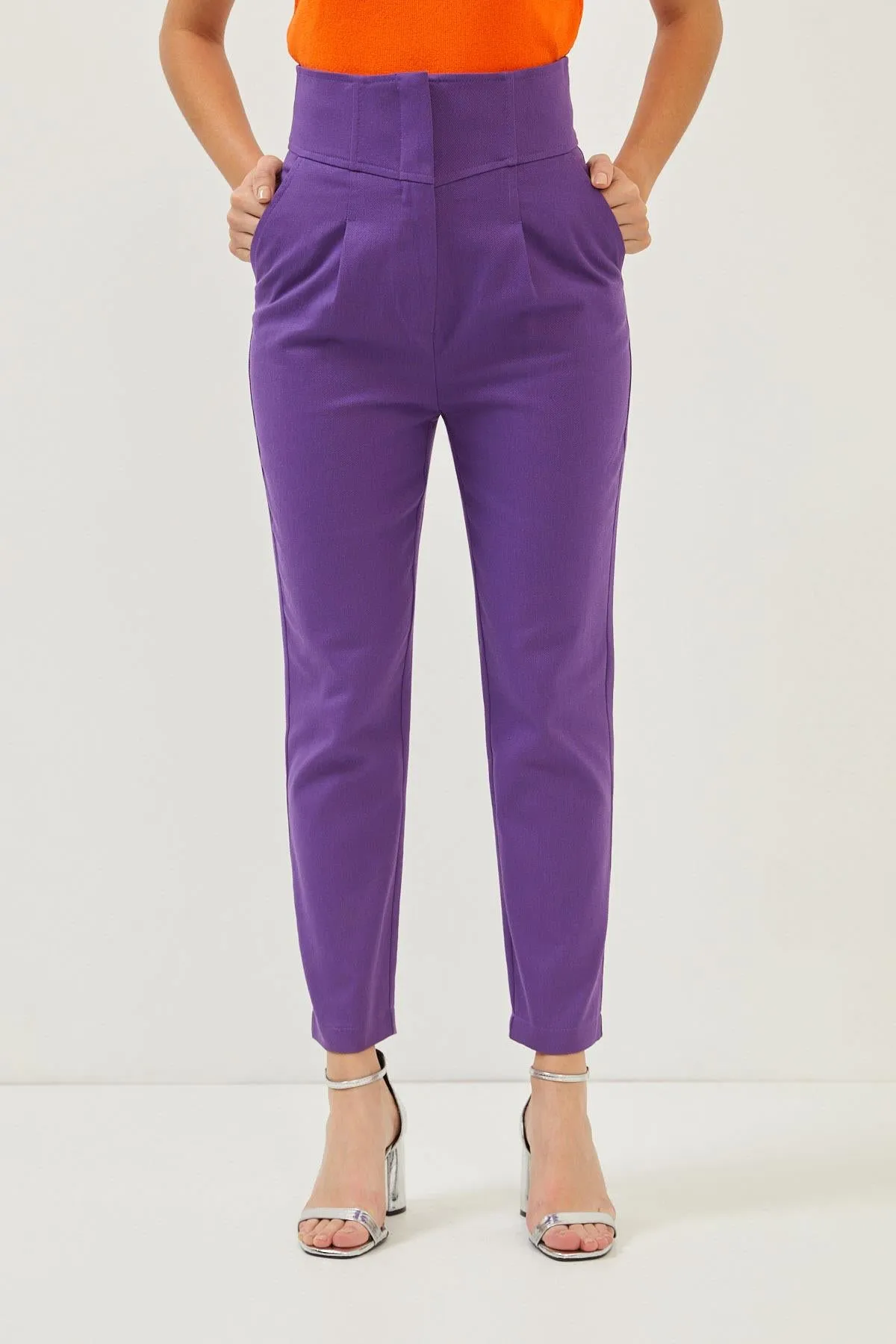 Purple Cotton High Rise Straight Leg Trousers