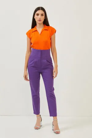 Purple Cotton High Rise Straight Leg Trousers