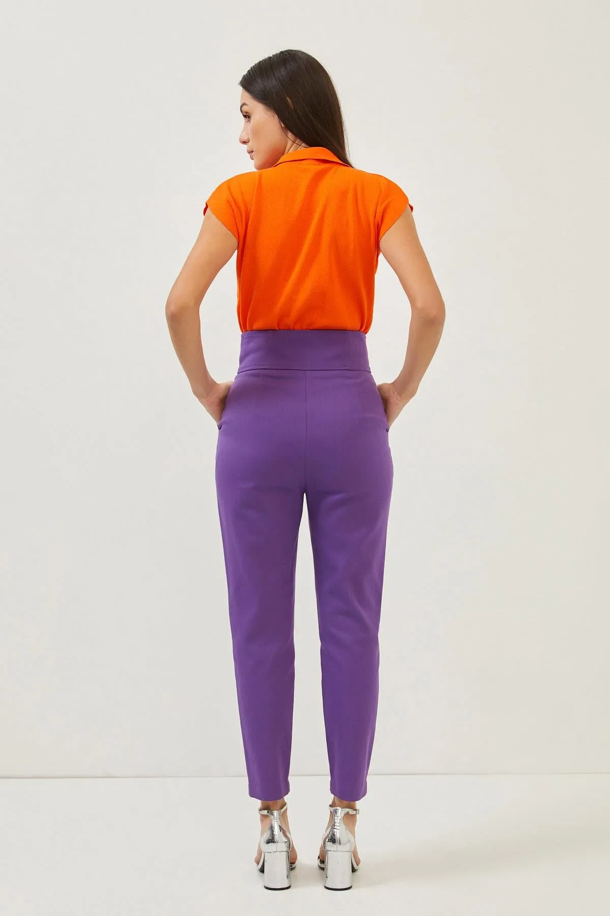 Purple Cotton High Rise Straight Leg Trousers