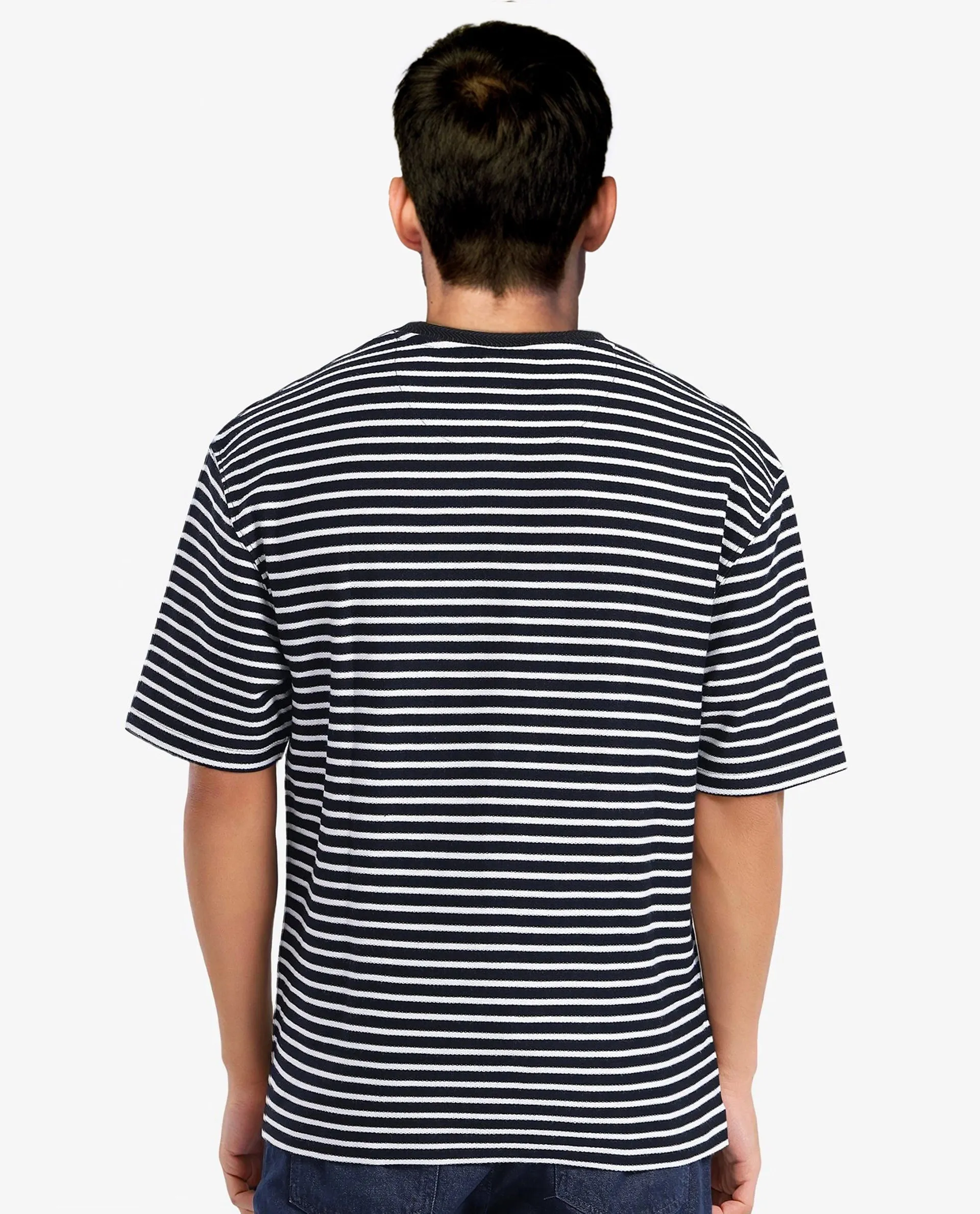 Rare Rabbit Articale Men's Paskot-1 Navy Cotton Fabric Short Sleeve Crew Neck Oversized Fit Narrow Stripes T-Shirt