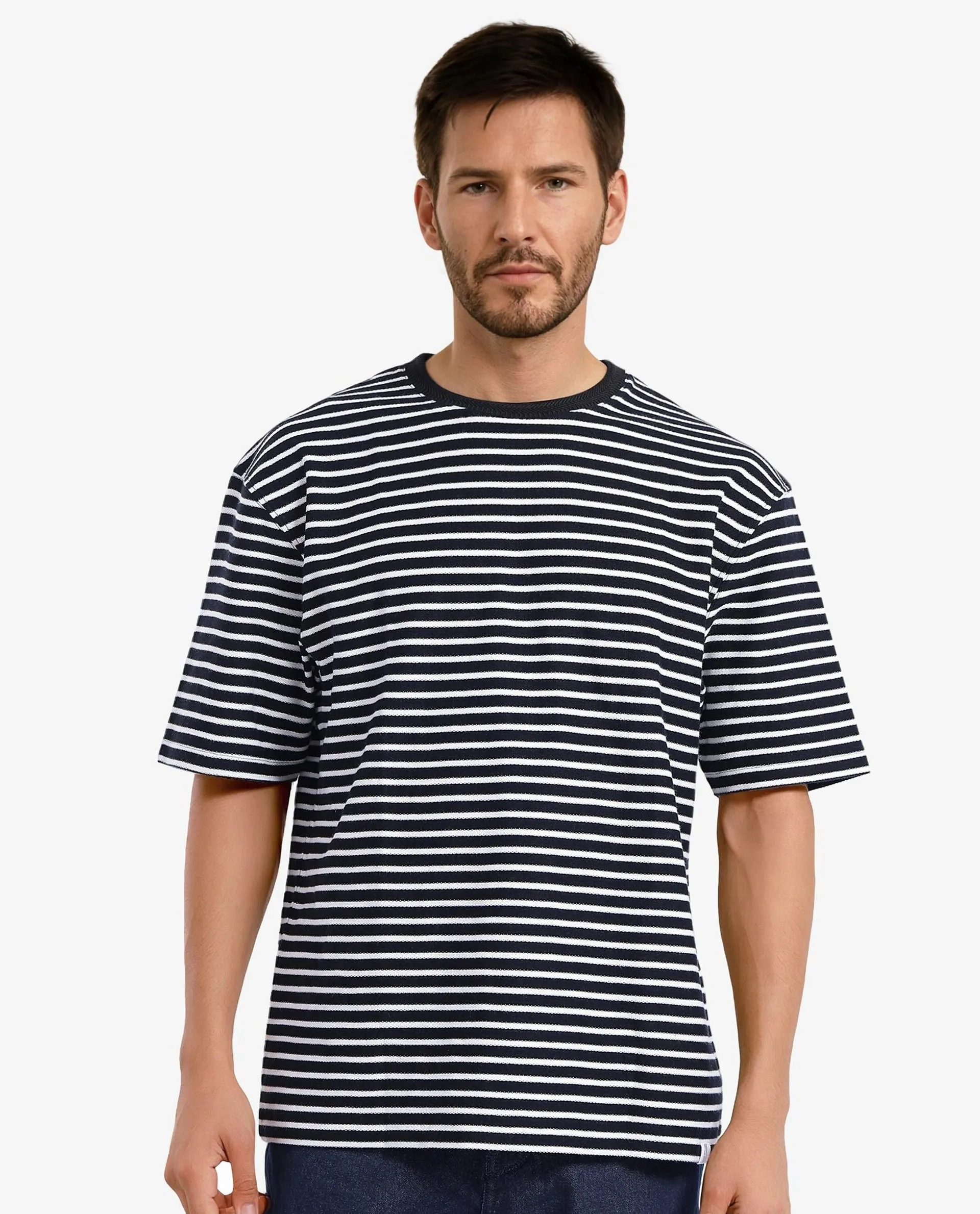 Rare Rabbit Articale Men's Paskot-1 Navy Cotton Fabric Short Sleeve Crew Neck Oversized Fit Narrow Stripes T-Shirt