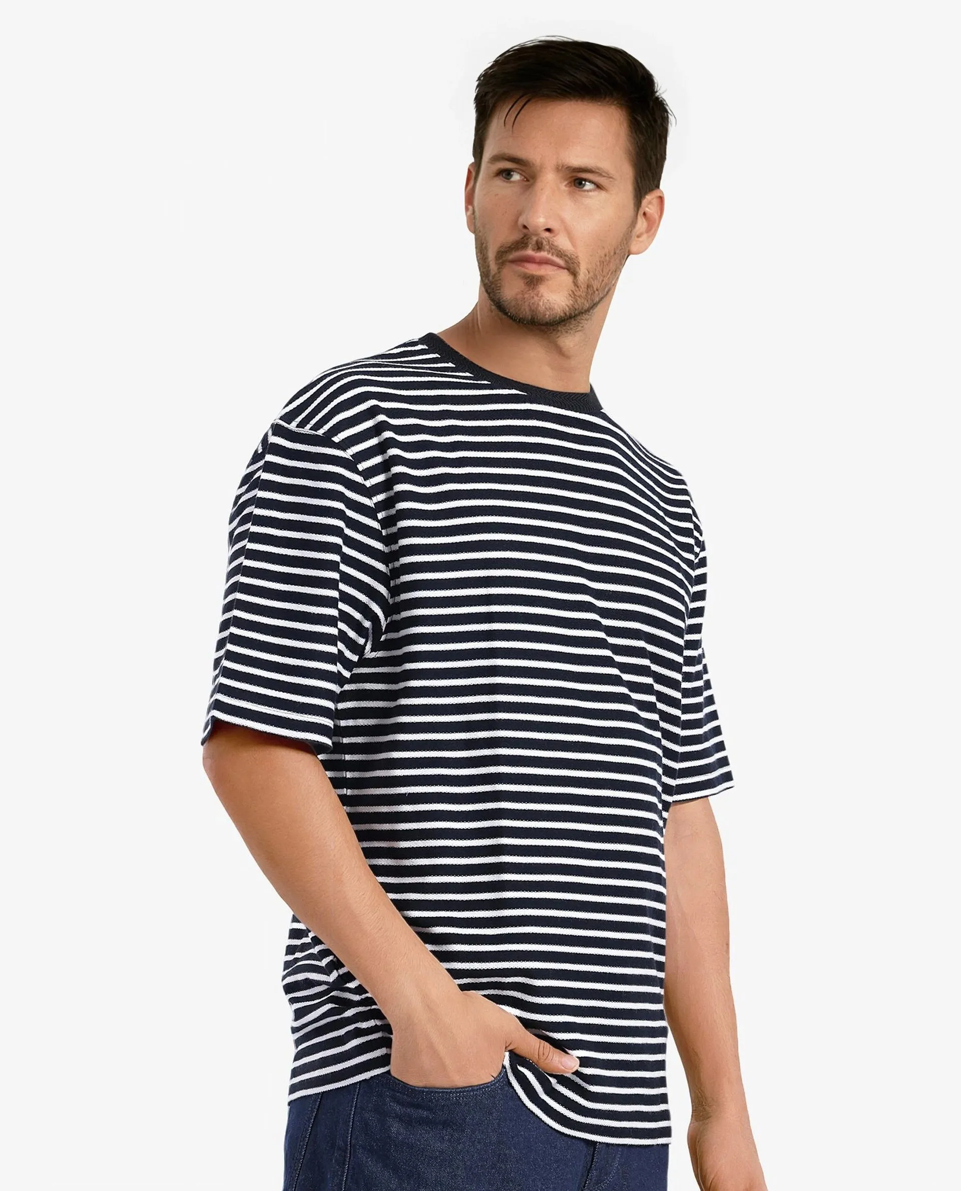 Rare Rabbit Articale Men's Paskot-1 Navy Cotton Fabric Short Sleeve Crew Neck Oversized Fit Narrow Stripes T-Shirt