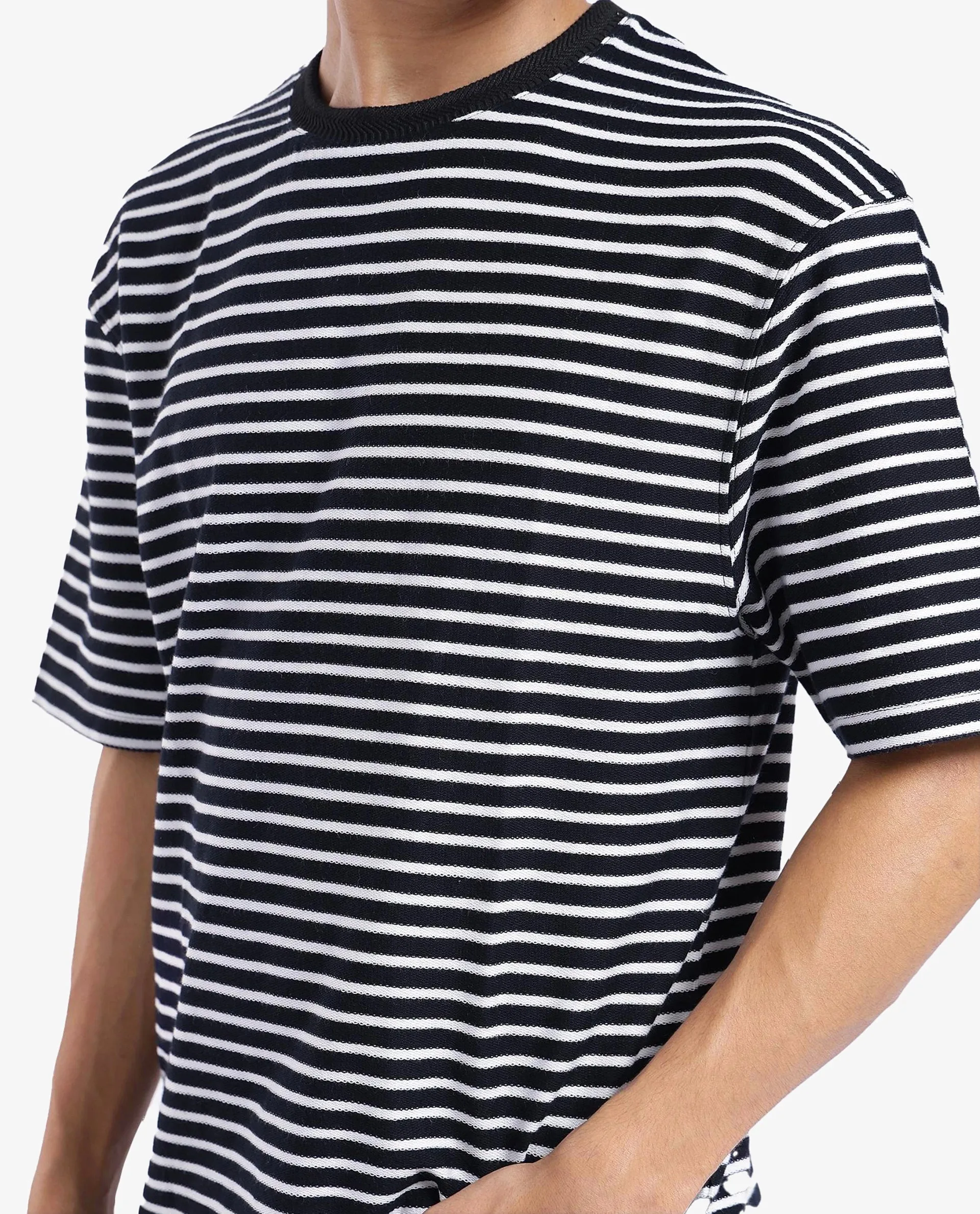 Rare Rabbit Articale Men's Paskot-1 Navy Cotton Fabric Short Sleeve Crew Neck Oversized Fit Narrow Stripes T-Shirt
