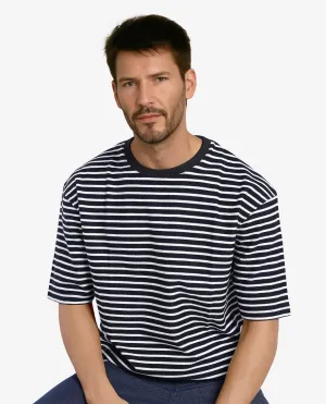 Rare Rabbit Articale Men's Paskot-1 Navy Cotton Fabric Short Sleeve Crew Neck Oversized Fit Narrow Stripes T-Shirt
