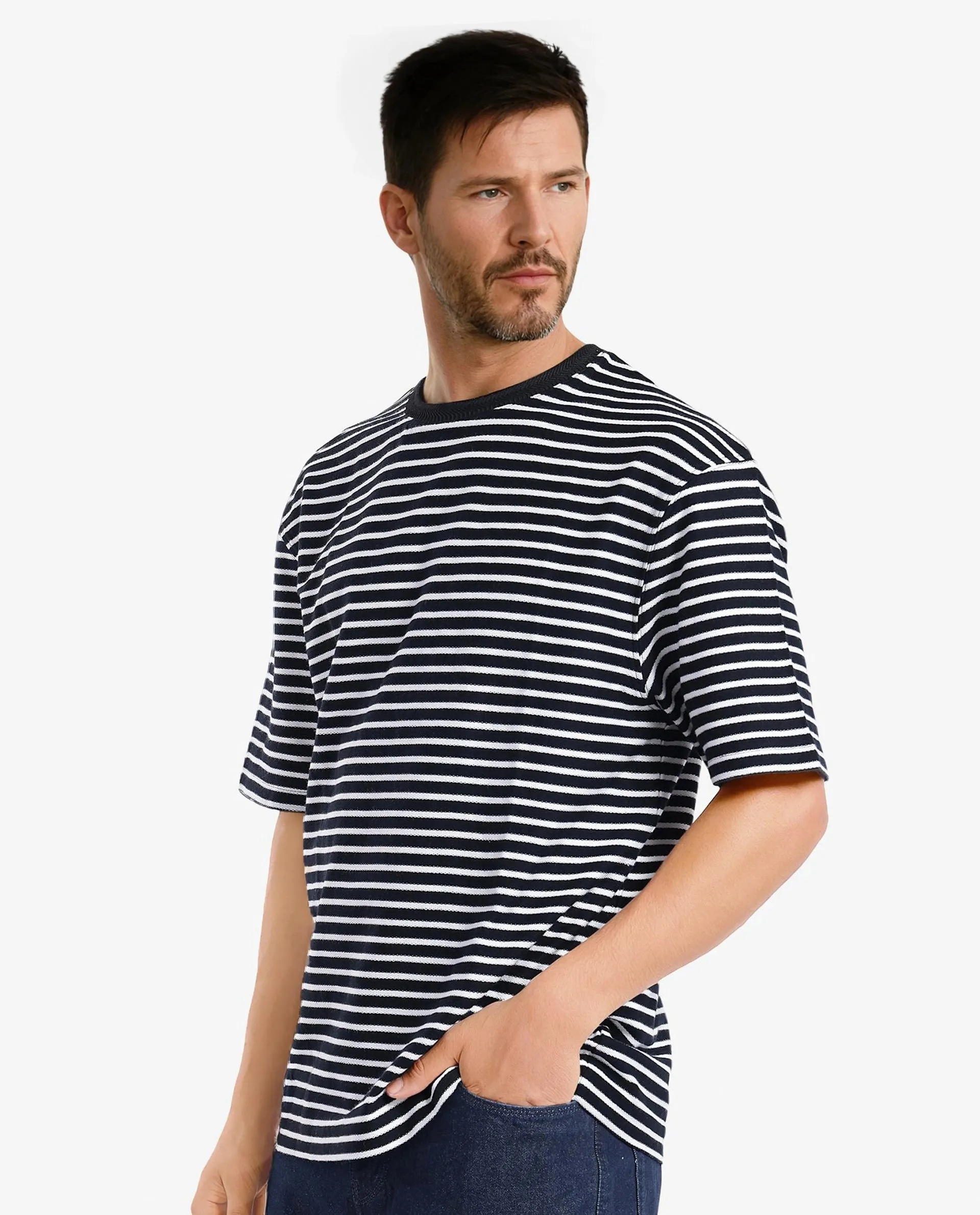 Rare Rabbit Articale Men's Paskot-1 Navy Cotton Fabric Short Sleeve Crew Neck Oversized Fit Narrow Stripes T-Shirt