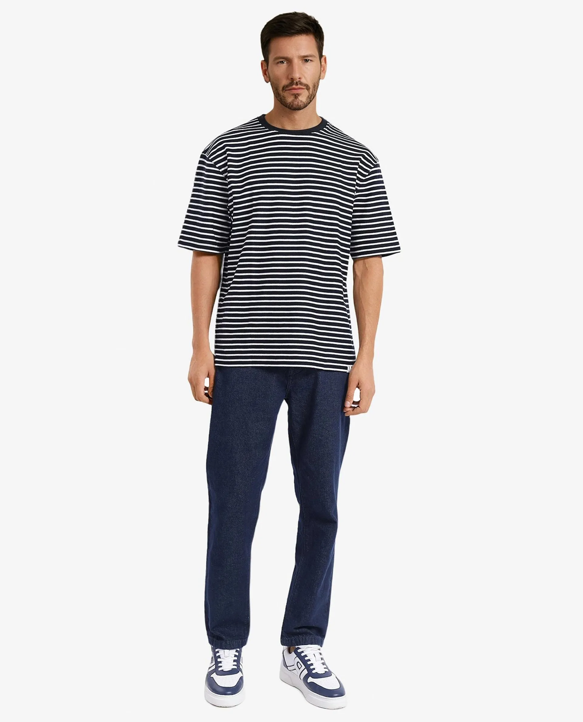 Rare Rabbit Articale Men's Paskot-1 Navy Cotton Fabric Short Sleeve Crew Neck Oversized Fit Narrow Stripes T-Shirt