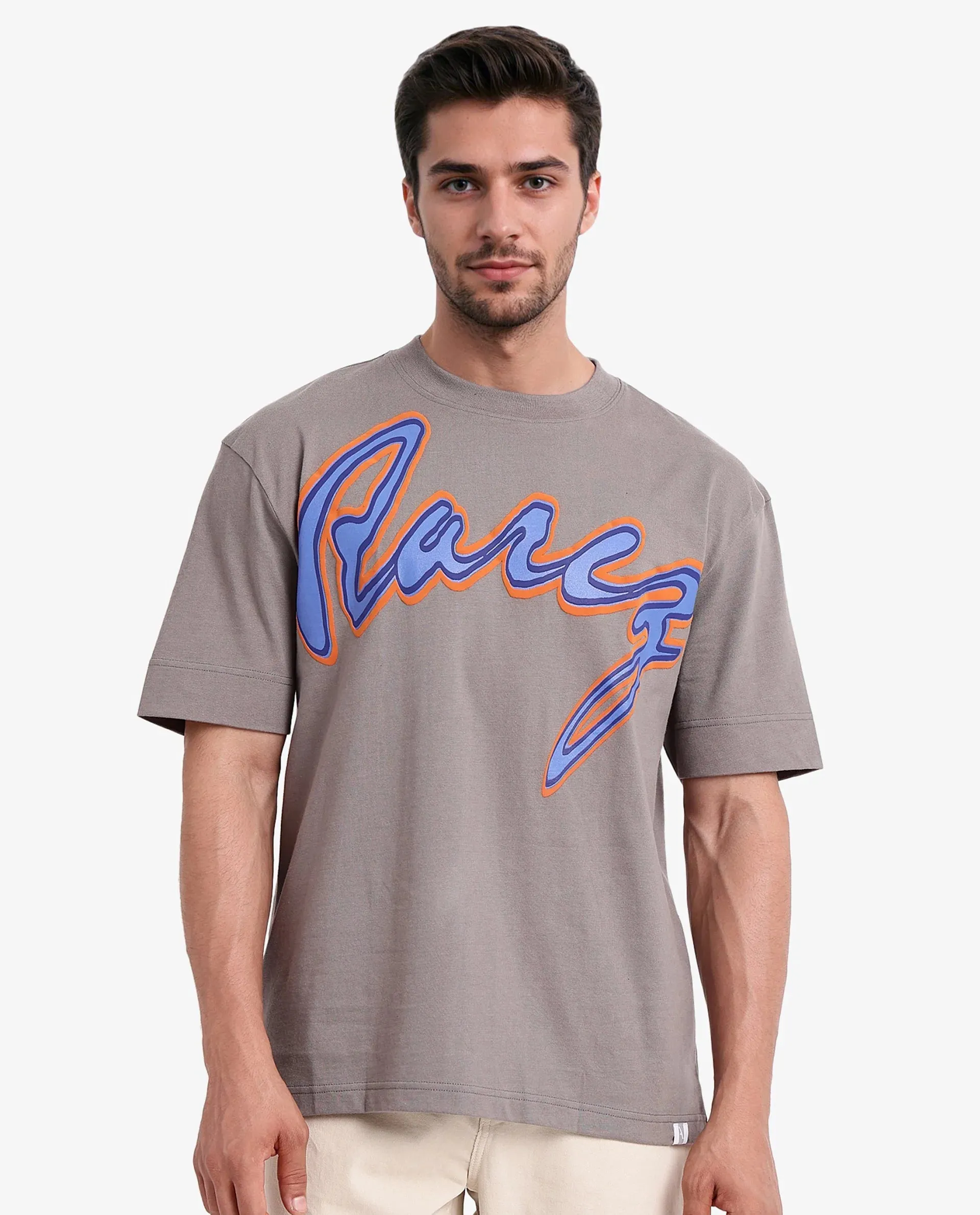 Rare Rabbit Men Casse Light Grey Short Sleeve Crew Neck Oversized Fit Printed T-Shirt