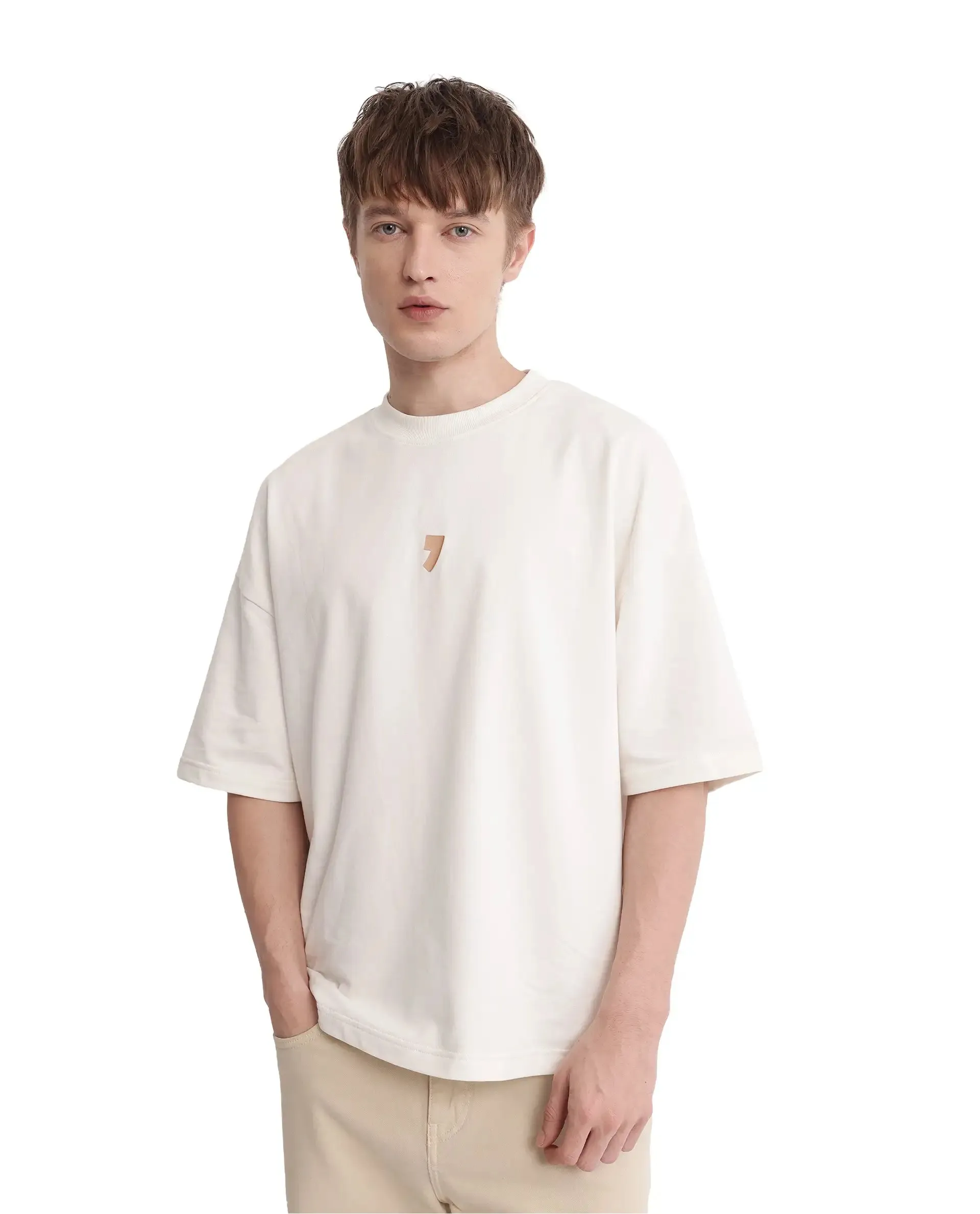 Rare Rabbit Men Diner Off White Cotton Fabric Short Sleeve Crew Neck Oversized Fit Graphic Back Print T-Shirt