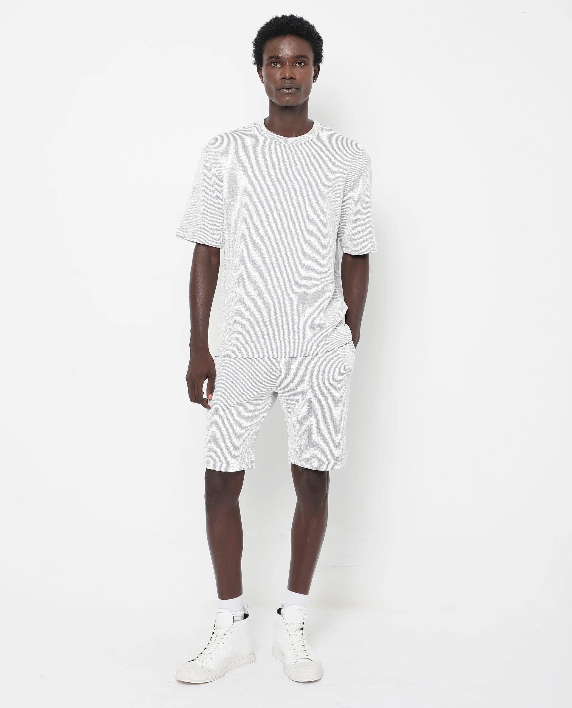 Rare Rabbit Men's Zavet-T Grey Cotton Polyester Fabric Short Sleeves Crew Neck Oversized Fit Self Stripe Textured T-Shirt